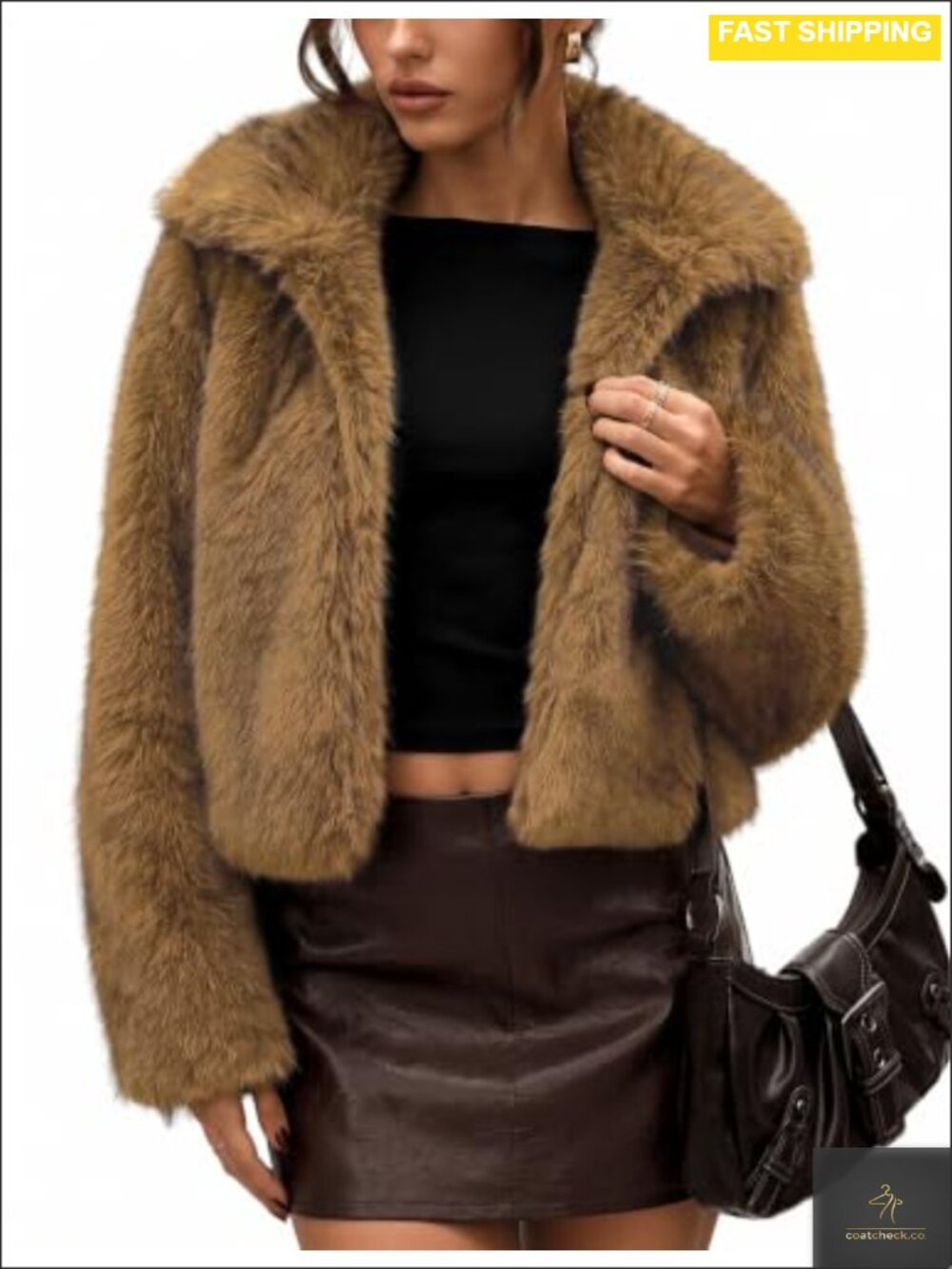Faux Fur Cropped Jacket Two-Tone Fluffy Coat Quilted Lined Warm Winter